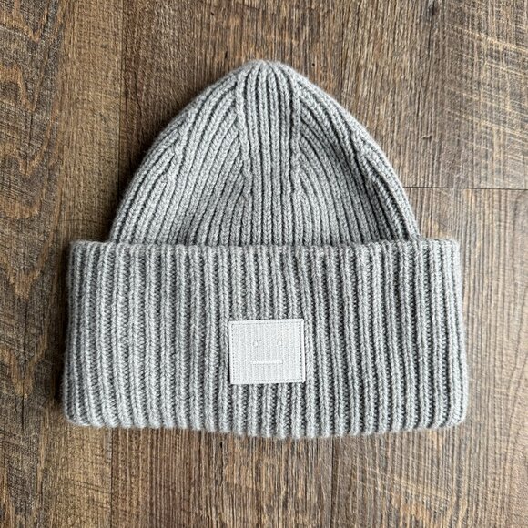 Acne Face Logo 100% Wool Beanie in Light Grey Melange, OS, Unisex - Picture 1 of 6